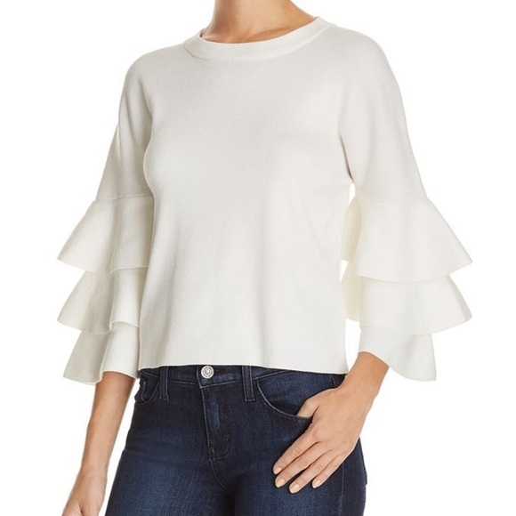 Anthropologie Leith White Knit Tiered Ruffle Sleeve Oversized‎ Top - Picture 1 of 8